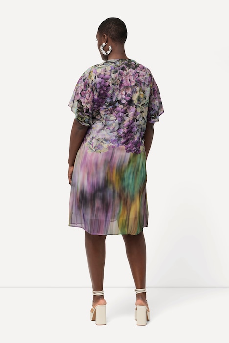 Chiffonkleid, A-Linie, Hortensien, V-Ausschnitt, Flügel-Halbarm