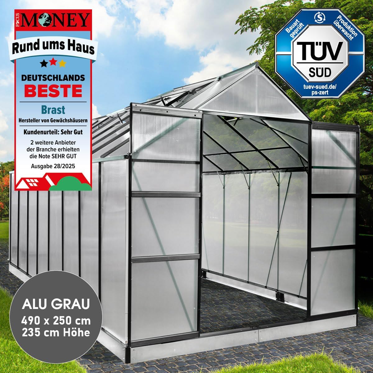 BRAST Gewächshaus Aluminium mit Fundament | 42 Modelle | 130x190x195cm - 490x250x235cm | TÜV geprüft | 6mm Hohlkammerplatten | rostfrei wetterfest temperaturbeständig | 490x250x235cm Grau