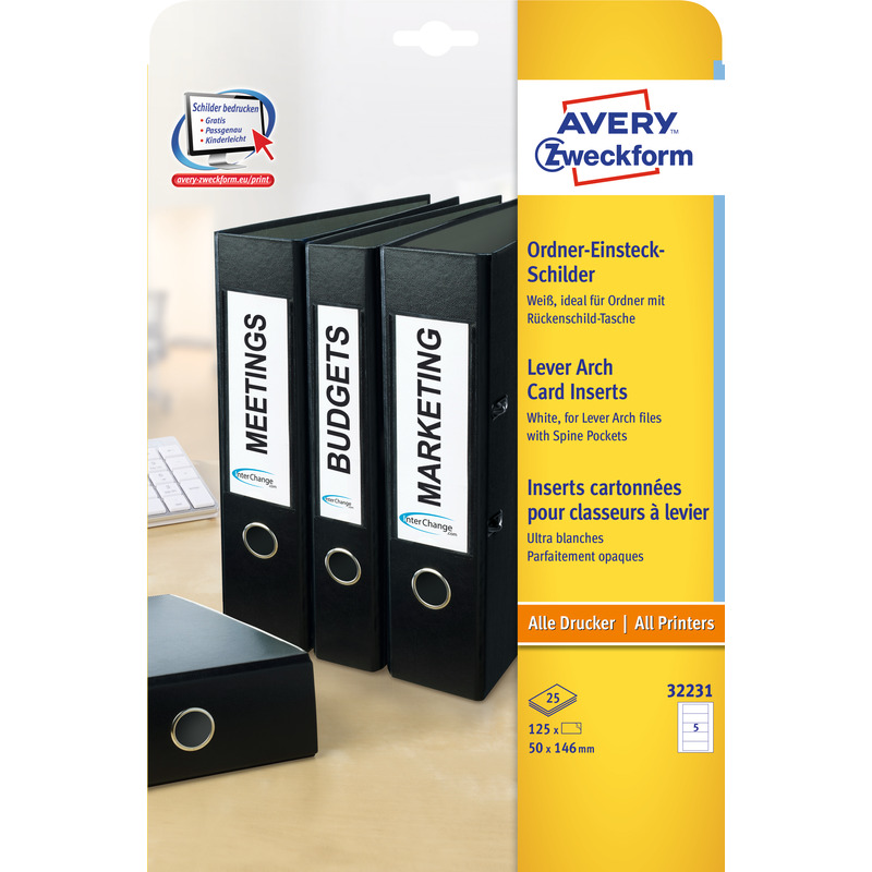 Avery Zweckform Ordner-Einsteckschilder, 32231, 50 x 146 mm, 25 Blatt