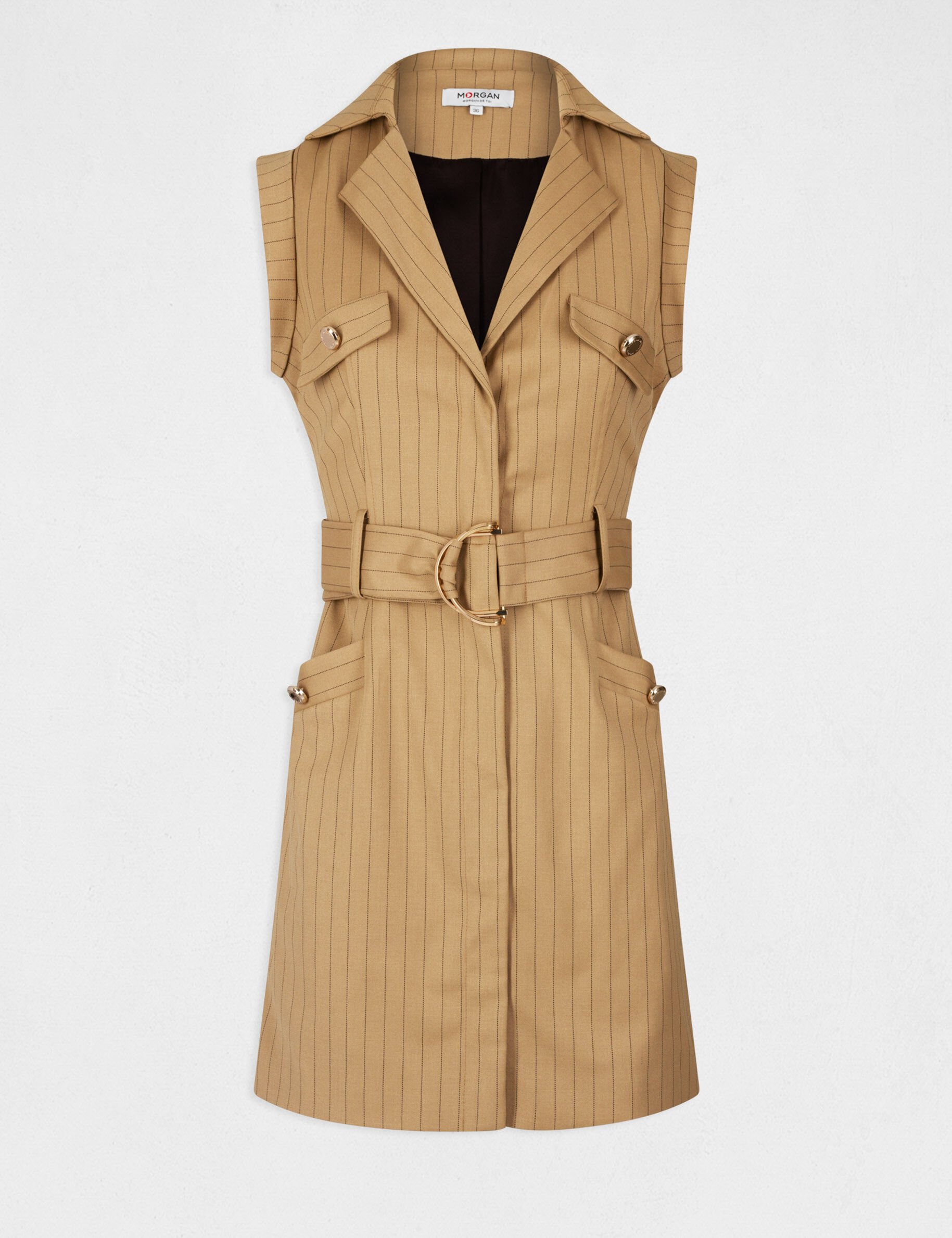 Robe droite ceinturée à rayures sable femme - sable