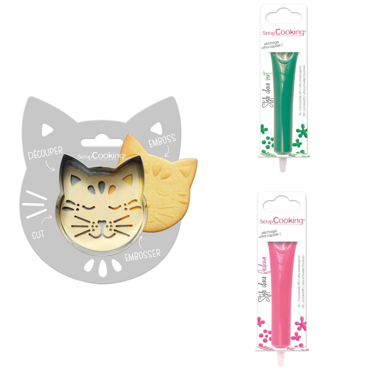 Kit pour biscuit en relief Chat + 2 Stylos au chocolat vert et fuchsia
