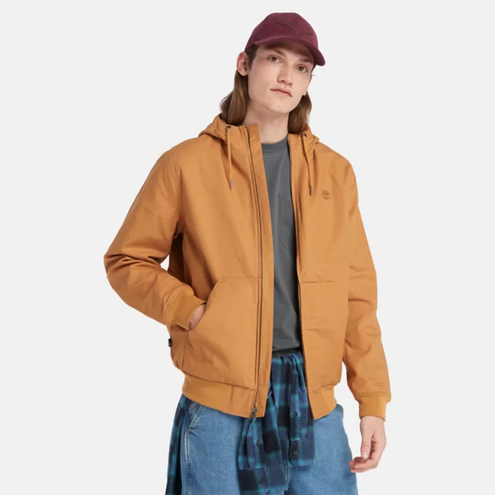 Jaqueta bomber masculina com capuz e isolamento térmico em lona laranja.