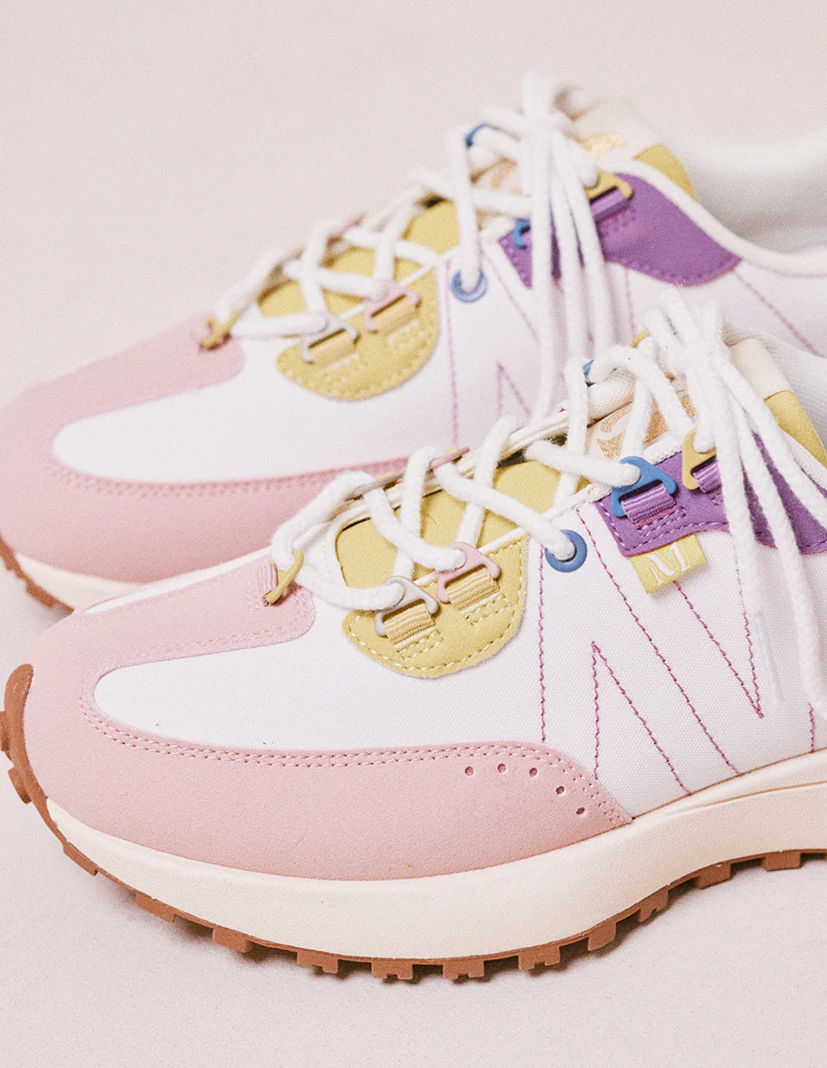 Baskets basses Morgane - Suède vegan et nylon rose clair, blanc et citron