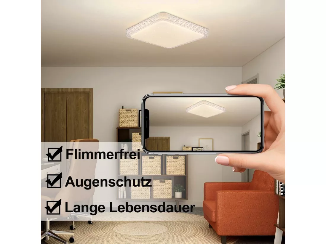 NETTLIFE Plafonnier LED Cuisine Salon Moderne Carré 30CM Cristal Ciel Étoilé Design Dimmable avec Télécommande Blanc Petit pour Salon Couloir Bureau