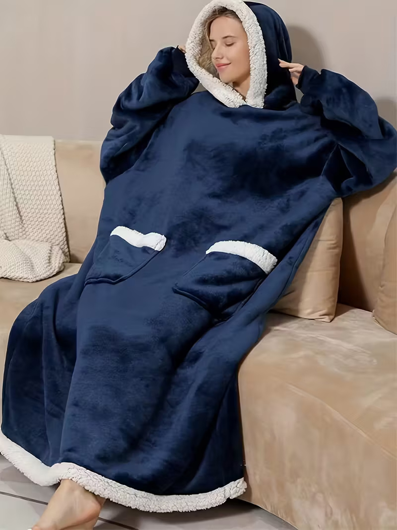 (150cm) Oversized Pullover Kuschel Decken Sweater Langer Hoodie mit 2 Seitentaschen (One Size) - Blau