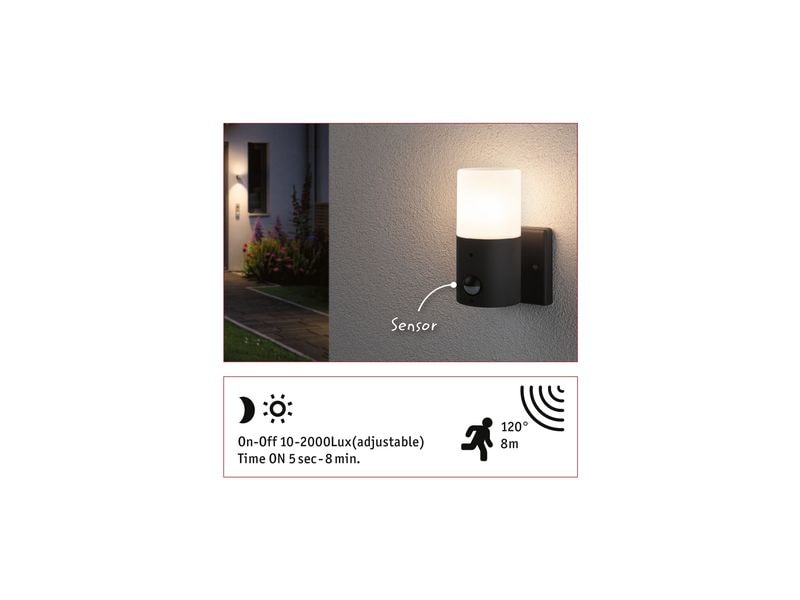 Paulmann Wandleuchte Tubs Bewegungsmelder max. 15W 230 V Gr Runde Aussenwandleuchte