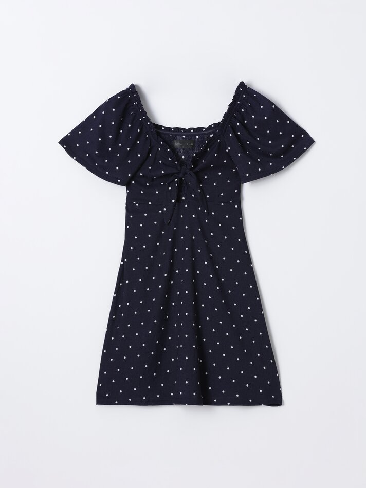 Vestido curto com nó - Azul-marinho/branco