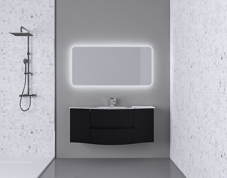 Ensemble Vague L.138 cm meuble sous vasque à suspendre noir mat + plan vasque central verre blanc