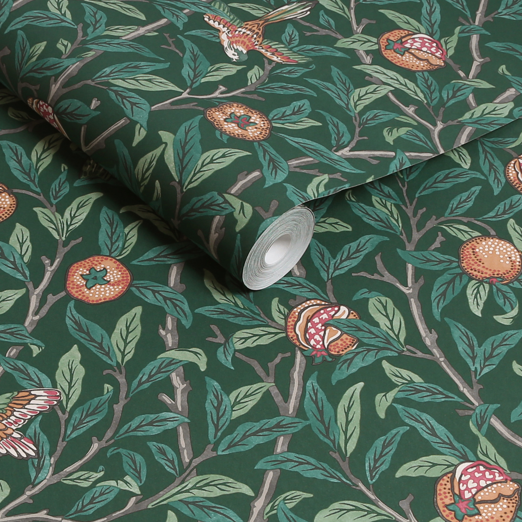 Vliesbehang bird & pomegranate deep green