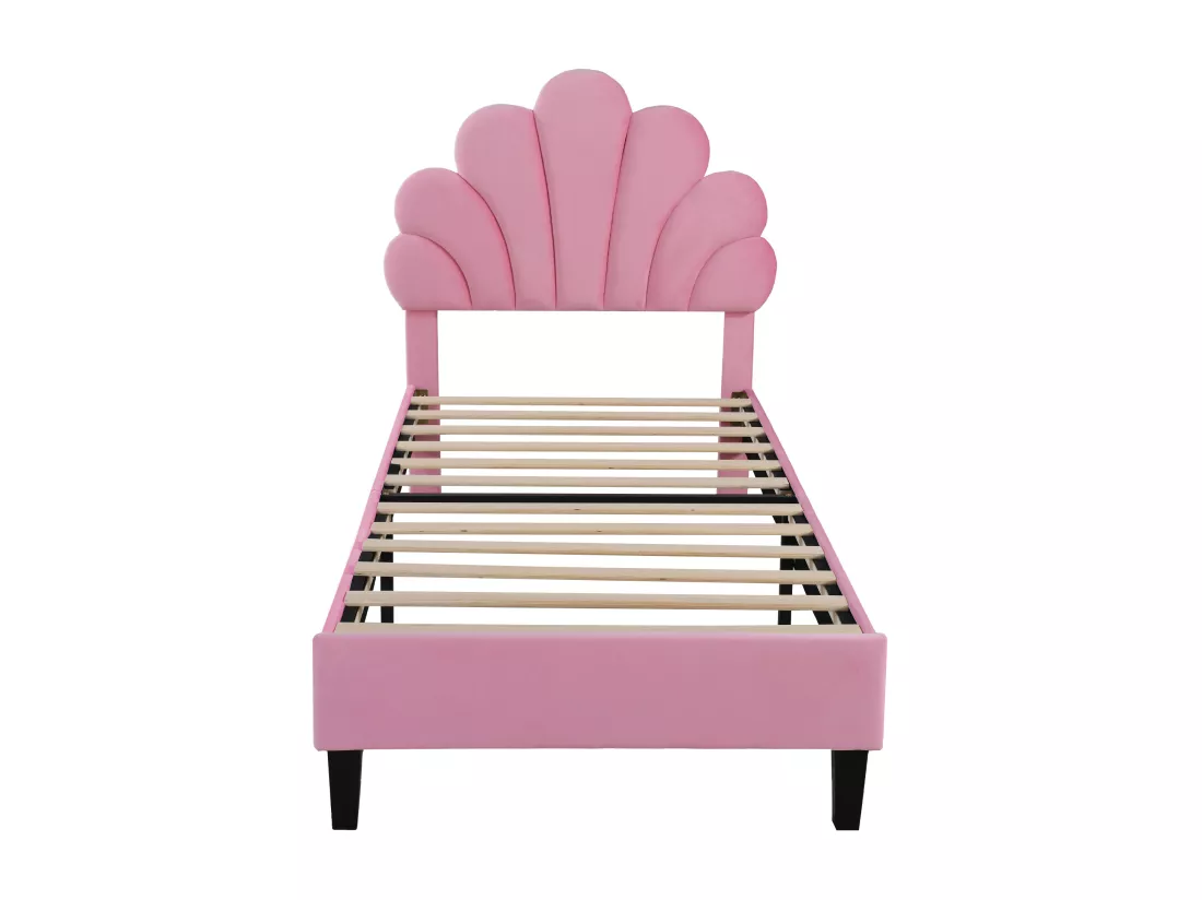 Lit coquillage avec tête de lit 90 x 200 cm en velours, sommier à lattes inclus, rose