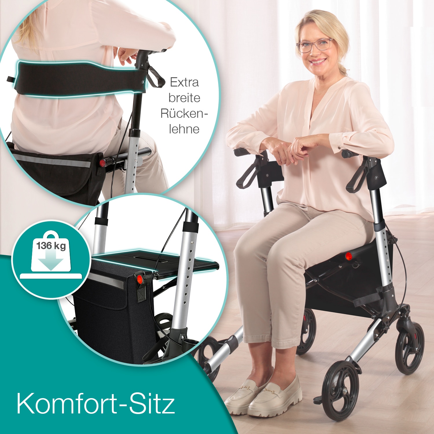 aktivshop aktivshop Rollator faltbar und leicht mit Sitz, Leichtgewicht-Reiserollator aus Aluminium, Gehhilfe 8-fach höhenverstellbar, Laufhilfe 3-fach faltbar für Kofferraum, Tasche & Schirmhalter