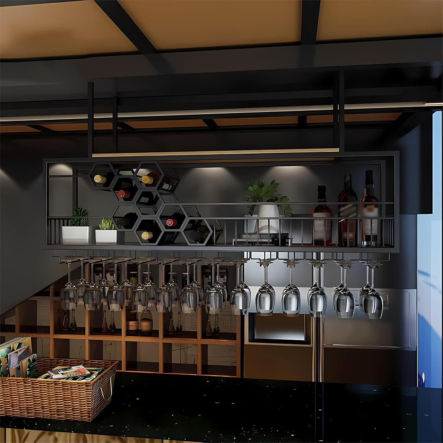 Deckenregal Weinregal mit Glashalter, Decken Regal Hängend Weinglasregal aus Metall, Bar-Display Weinlagerhalter, Holzregal hängender weinhalter für Stielgläser, für Bar Café Küche (Schwarz, 100cm)