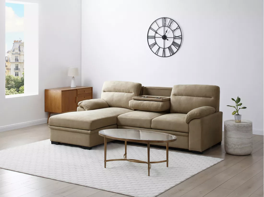 Canapé d'angle gauche convertible en tissu beige ULENIO