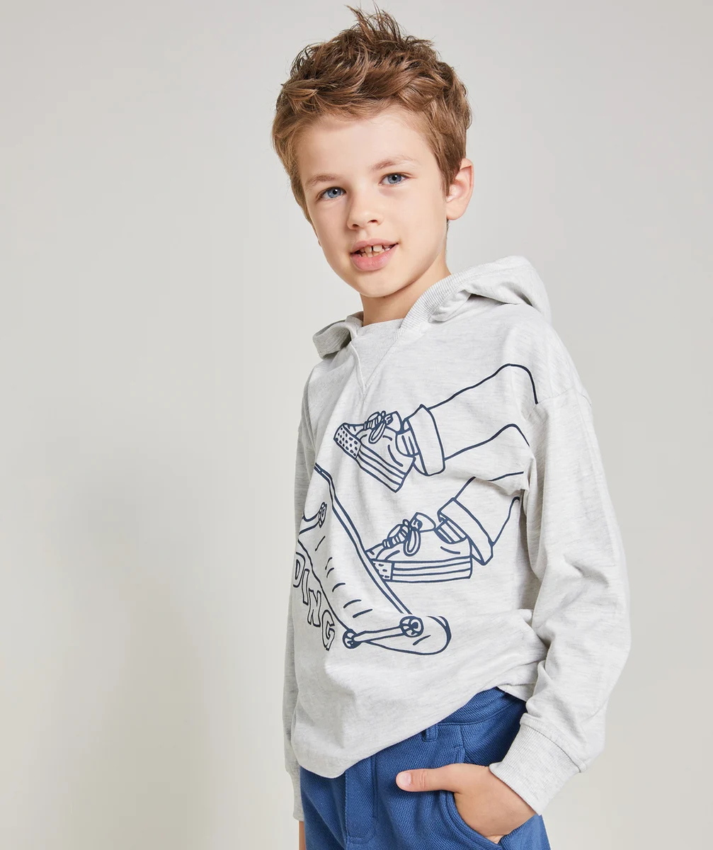 T-SHIRT À CAPUCHE GARÇON EN COTON BIO GRIS MOTIF SKATE ET MESSAGE