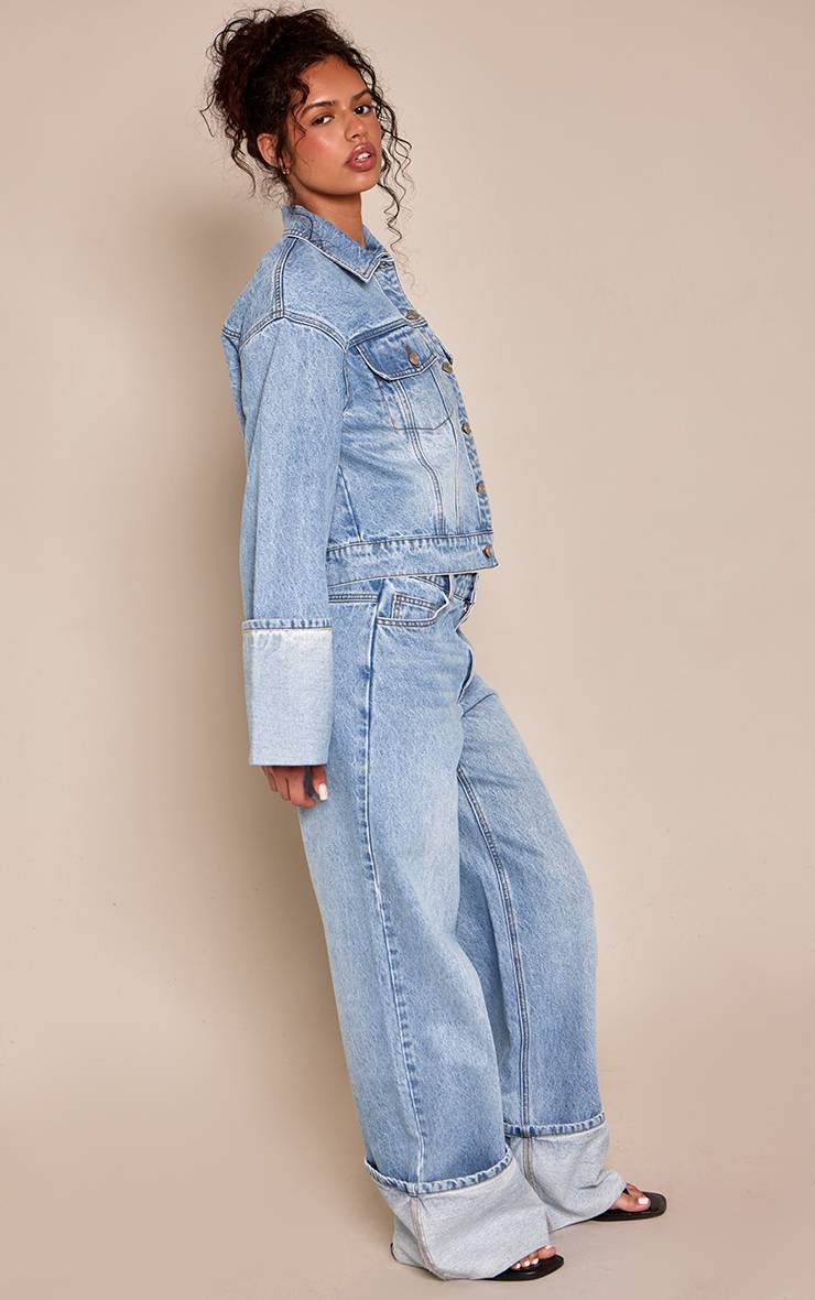 Mid Blue Wash Jean Bleu Moyen À Ourlet Retroussé Profond