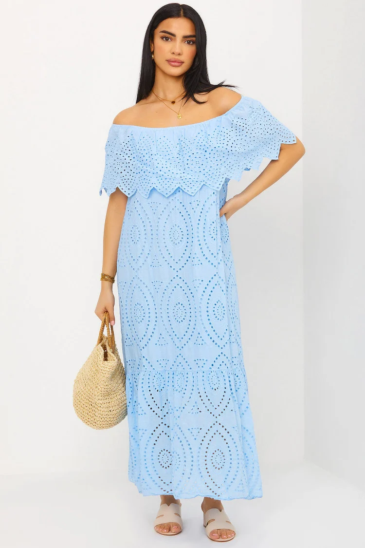 Robe bleu ciel col bardot en crochets