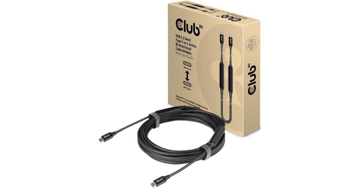 Club 3DUSB-C 3.2 Gen2 > USB-C Active bi-directional kabel  (Zwart, 5 meter, 8K 60Hz)
