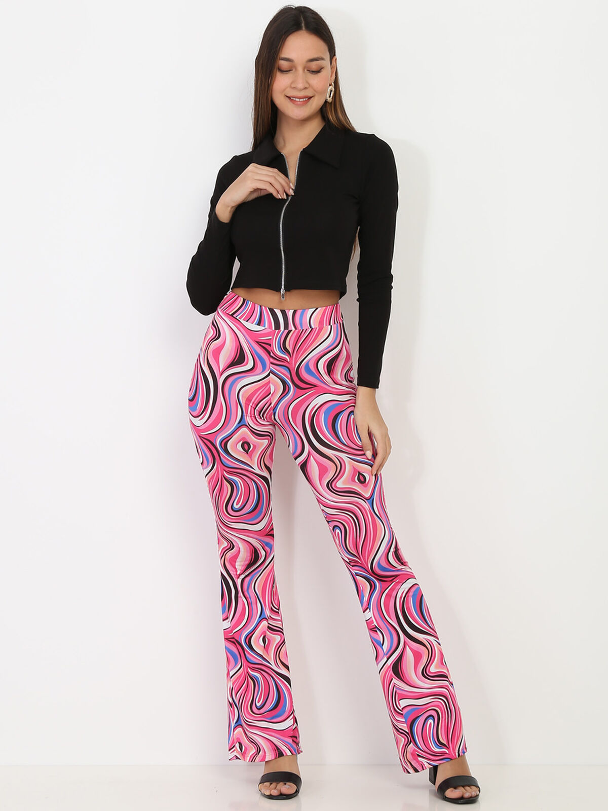 Pantalon évasé à motif rétro- Fuchsia