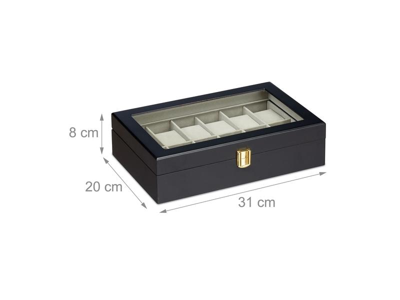 relaxdays Uhrenbox für 12 Uhren 8 cm, Grau/Schwarz Uhrenkasten
