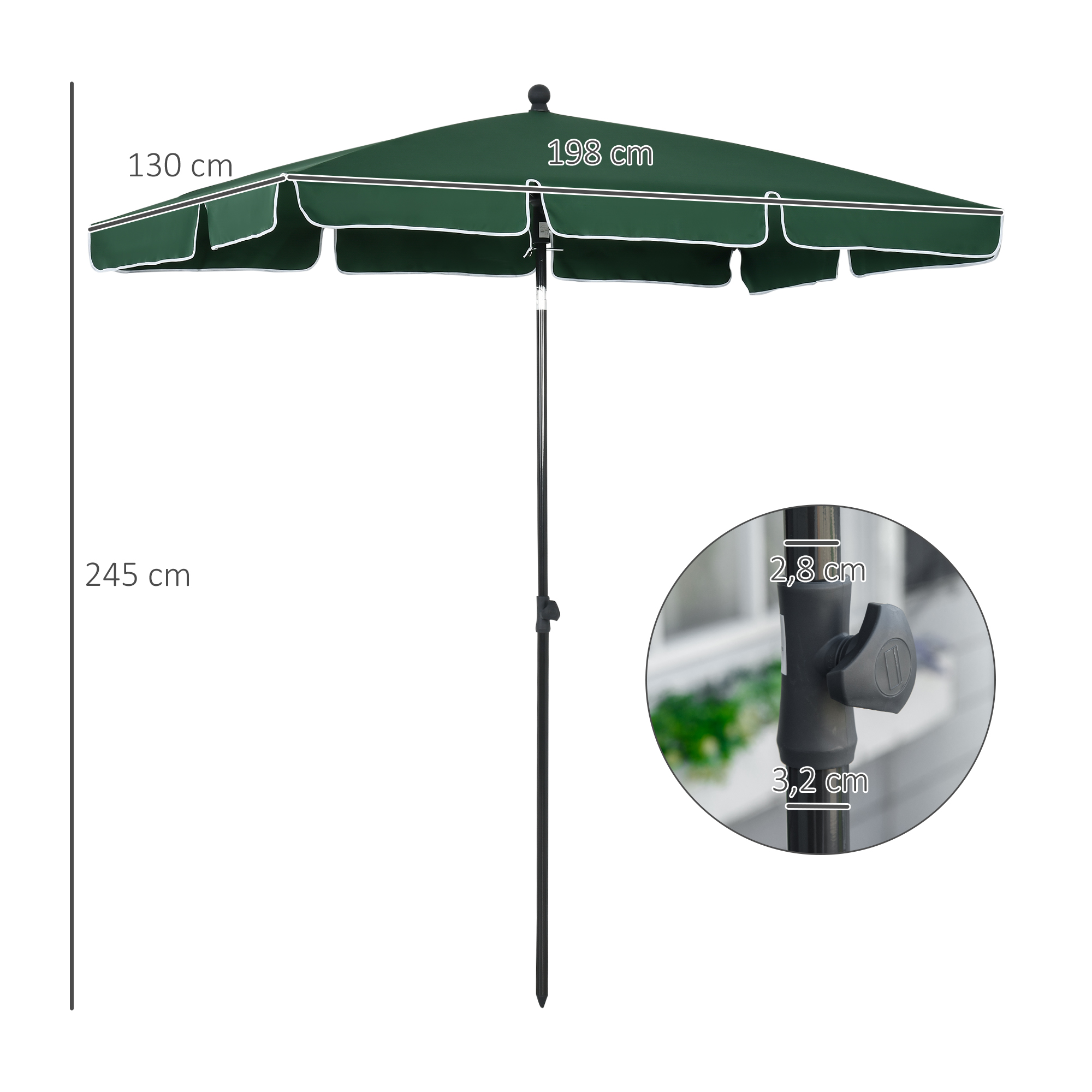 Guarda-sol de jardim retangular Outsunny em alumínio, 198x130x245 cm, com função de inclinação, ideal para terraços, pátios e áreas externas na cor verde.