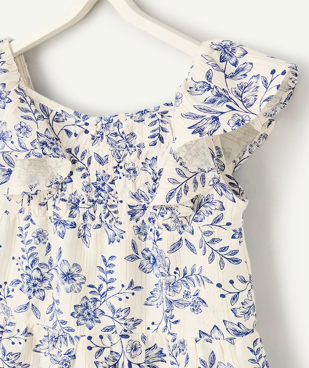 chemise manches courte fille en viscose responsable blanc imprimé fleurs bleues