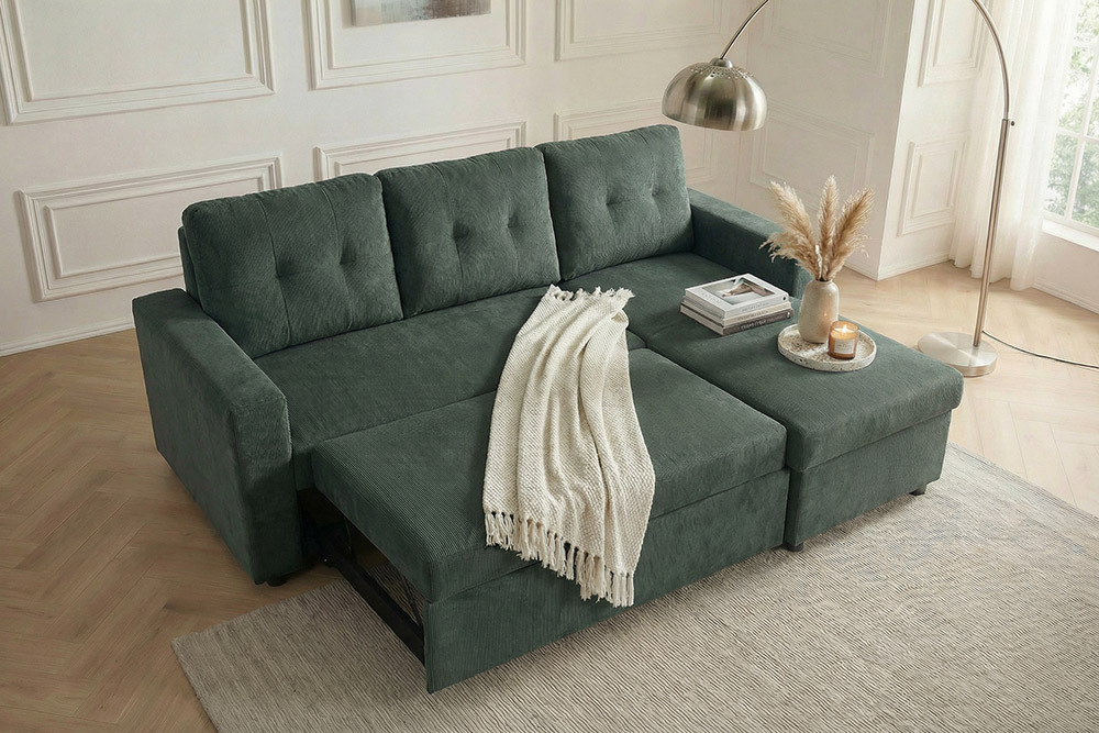 Modernes Ecksofa APARTMENT 205cm grün Cord 3-Sitzer mit Bettfunktion und Stauraum