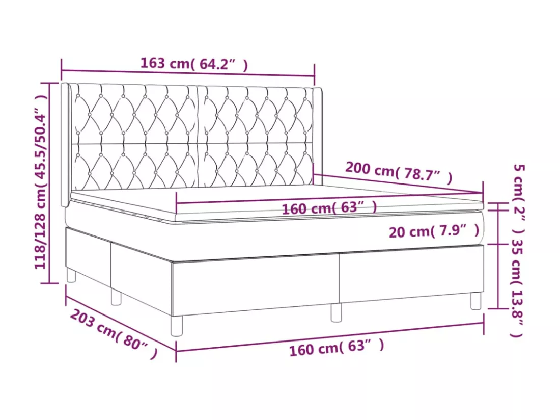 Sommier tapissier matelas et LED Gris foncé 160x200 cm Velours