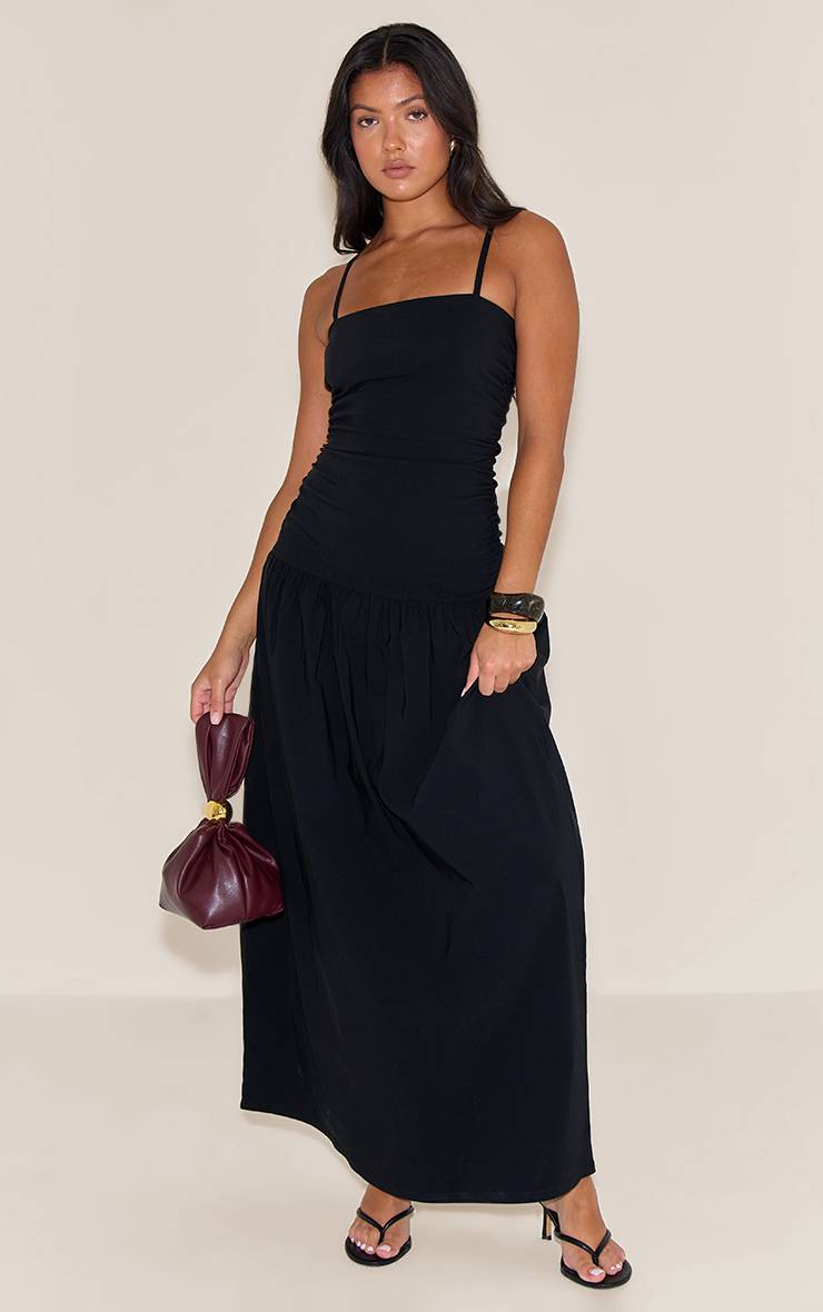 Noir Robe Longue Froncée À Bretelles En Tissu Extensible