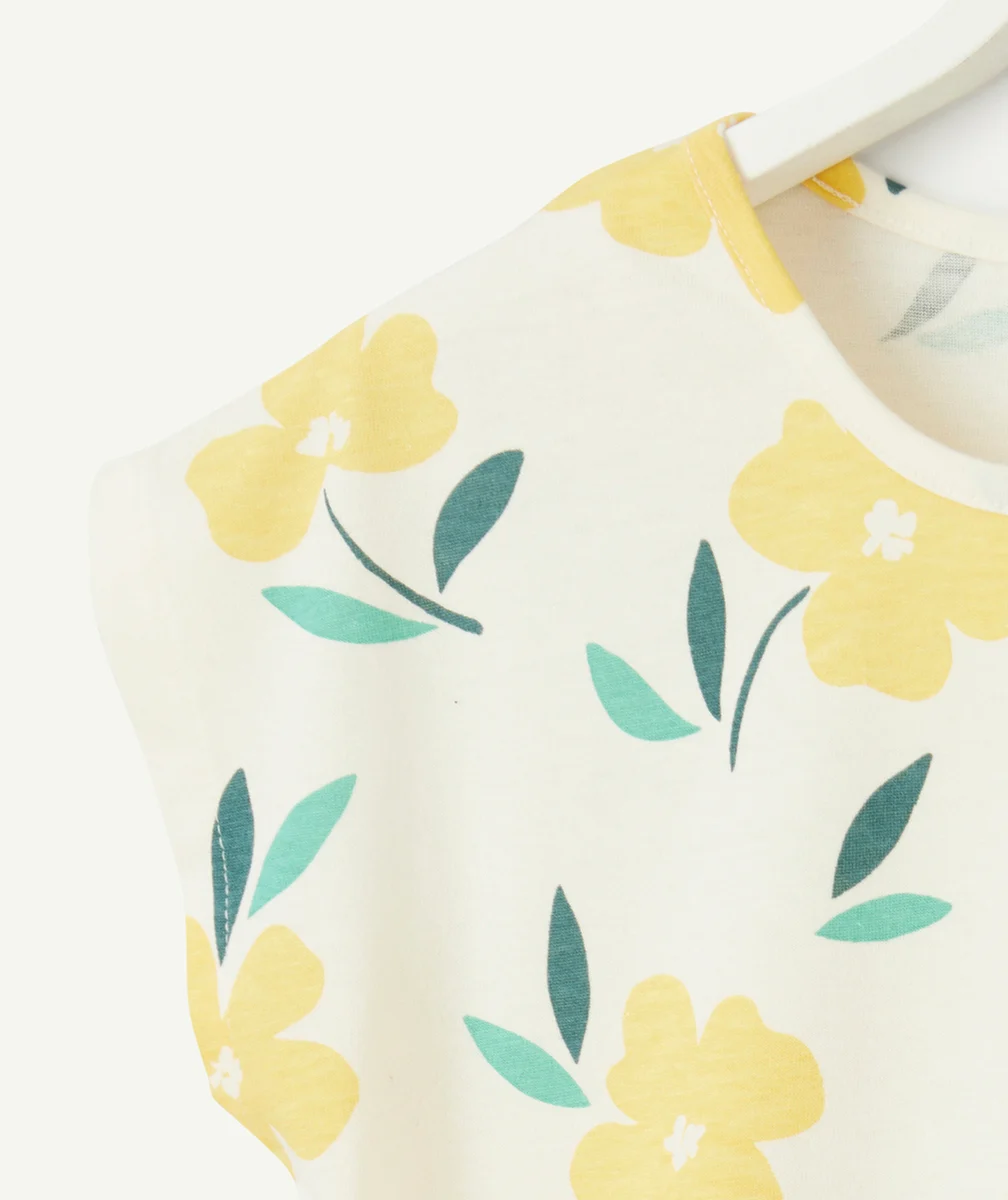 t-shirt manches courtes fille en coton bio écru imprimé fleurs jaunes