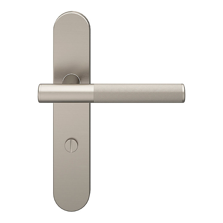 Ensemble poignée sur plaque rond à condamnation GoodHome Irus effet nickel satin gris L.150mm x l.42mm entraxe 165-195mm