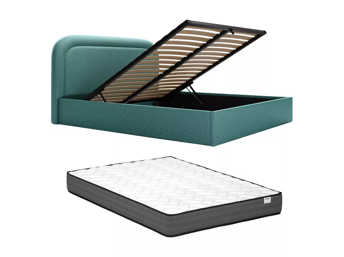 Lit coffre 180 x 200 cm - Tissu chiné - Bleu canard + Matelas - FIREZA