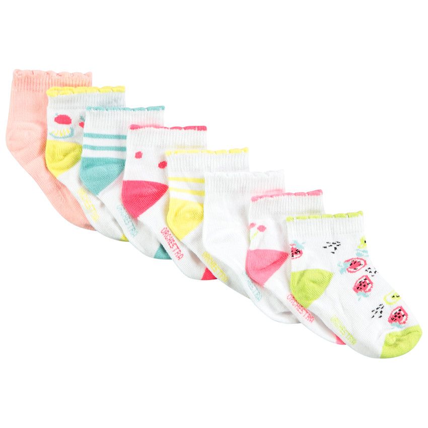 Lot de 8 paires de chaussettes courtes fantaisie pour bébé fille - Blanc