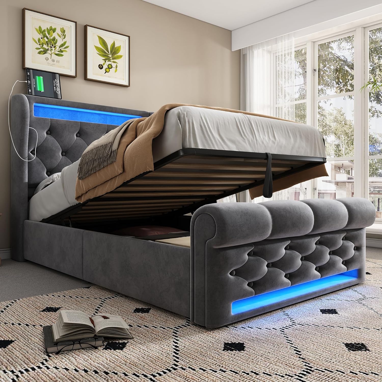 Polsterbett 90x200 cm, Einzelbett mit LED-Leuchten, Kopfteil mit USB- und Typ-C-Anschlüssen, Hydraulisches Stauraumbett, für Jugendliche und Erwachsene, Samt, Grau (Ohne Matratze)