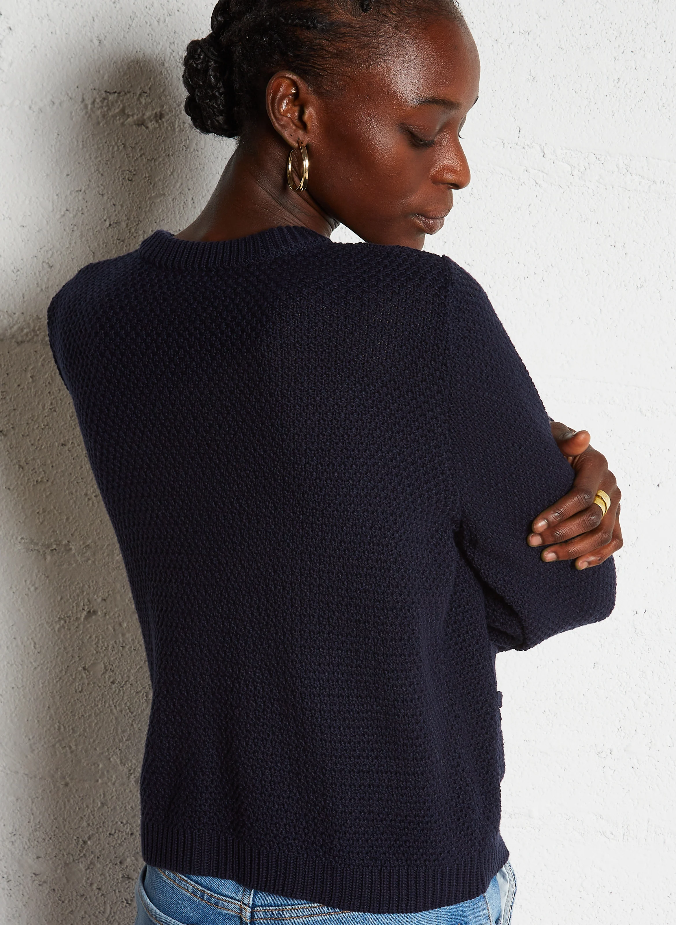 Cardigan droit col rond en coton mélangé | Bleu