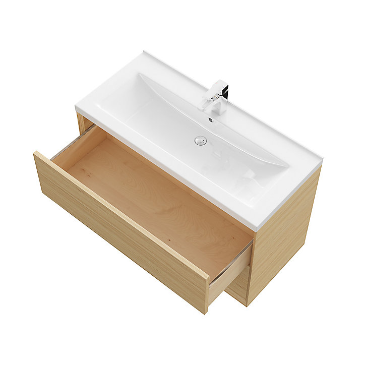 Meuble sous vasque à suspendre GoodHome Avela placage chêne 100 cm + plan vasque Nira