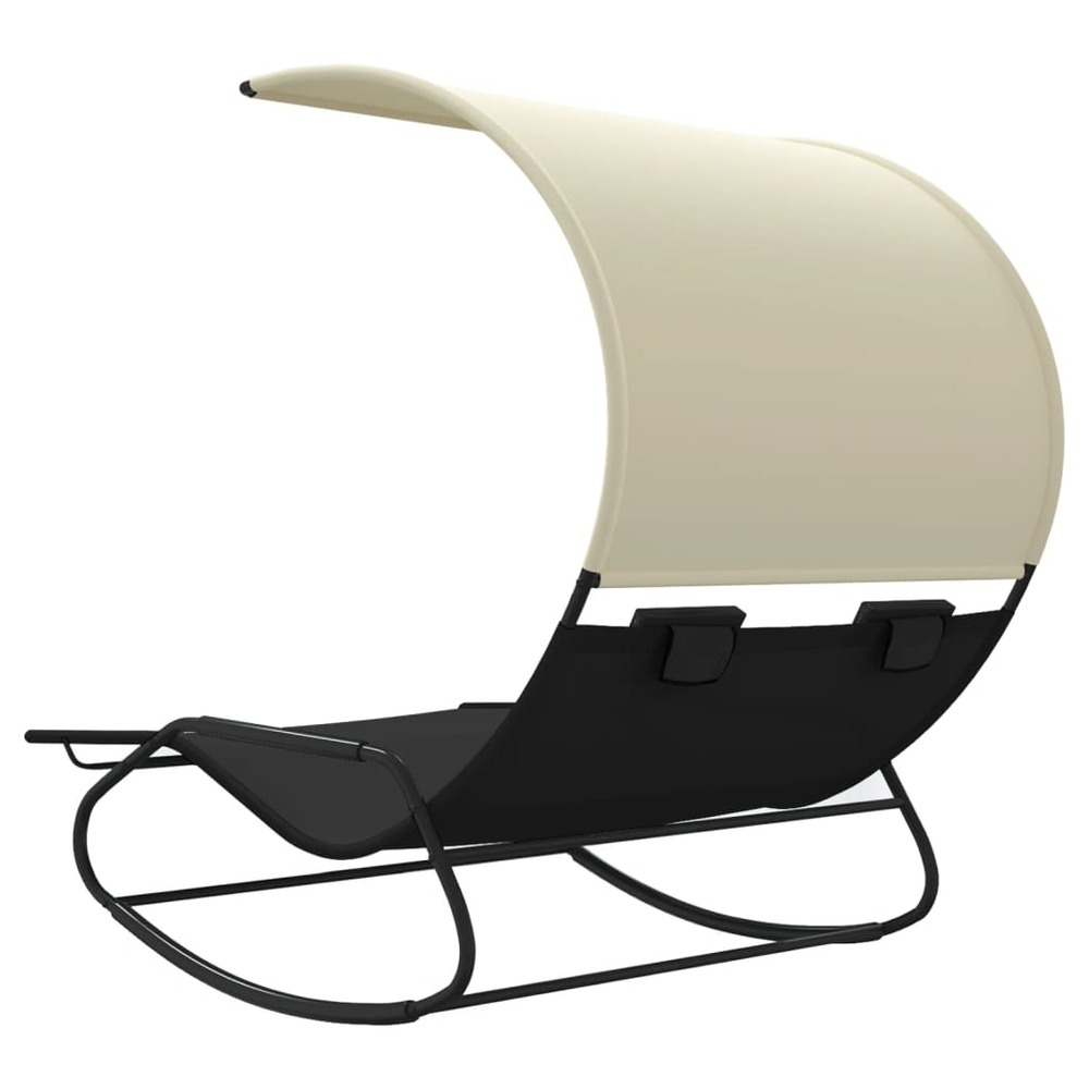 Transat chaise longue bain de soleil lit de jardin terrasse meuble d'extérieur double à bascule avec auvent noir et crème 02_