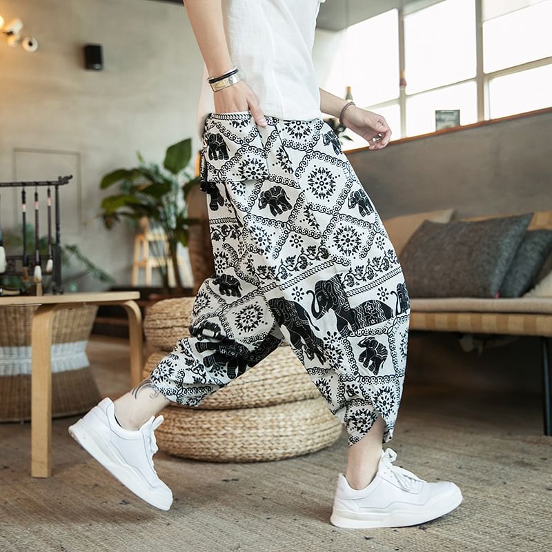 Blueforce - Cropped baggy broek met trekkoord en olifantenprint