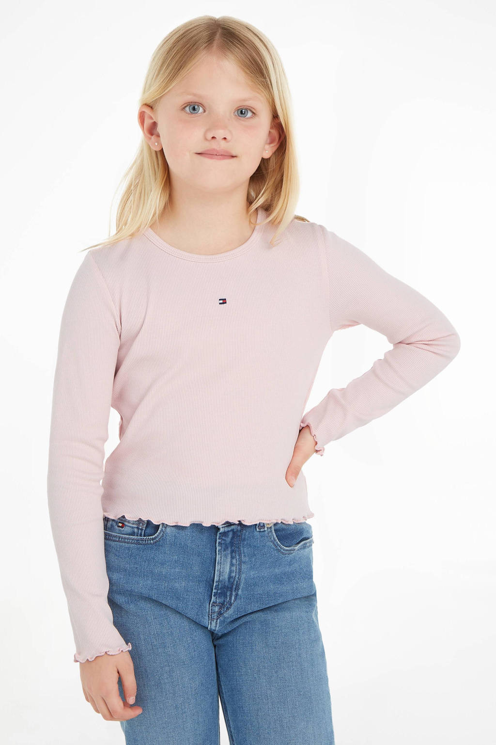 Tommy Hilfiger ribgebreide longsleeve met logo lichtroze