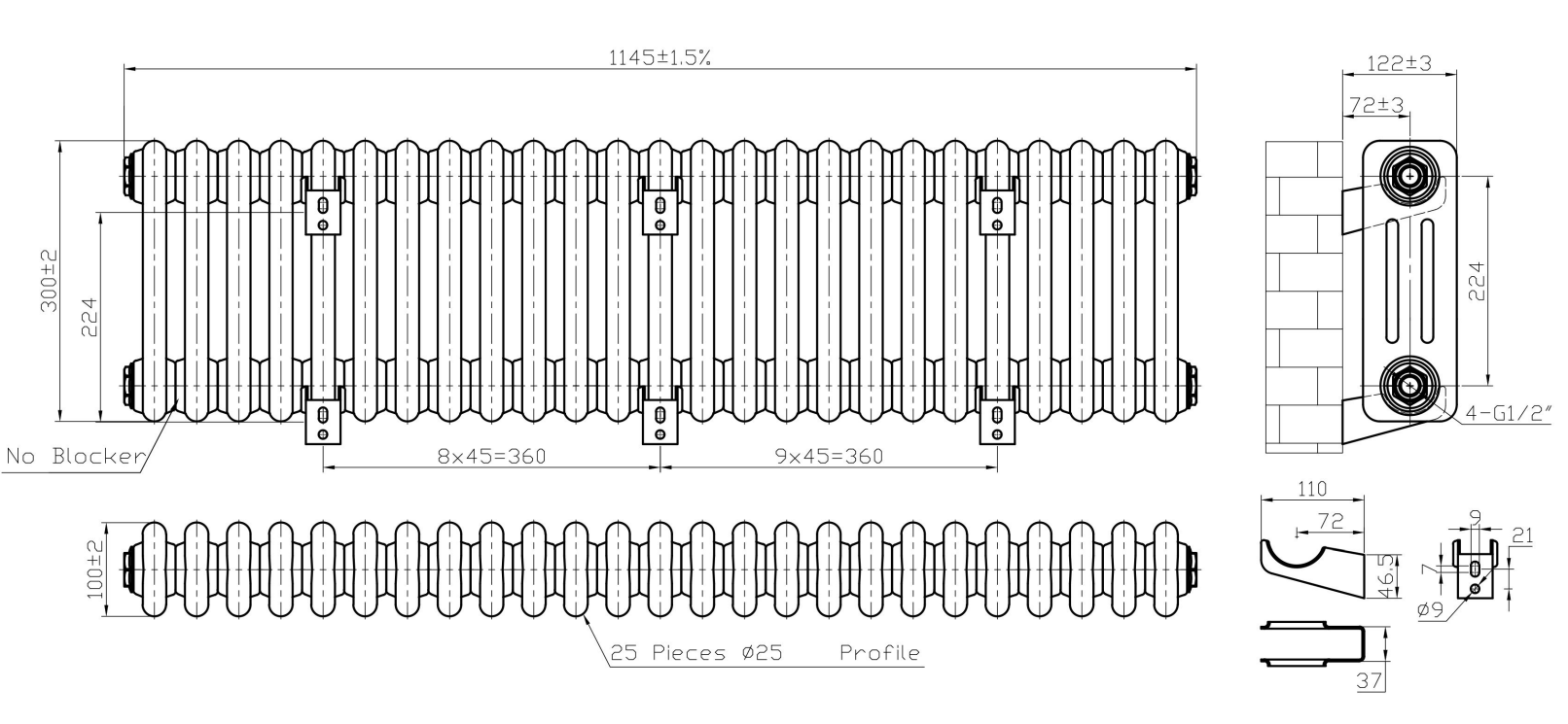 Eastbrook Imperia 3 koloms radiator 115x30cm 1278W wit glans