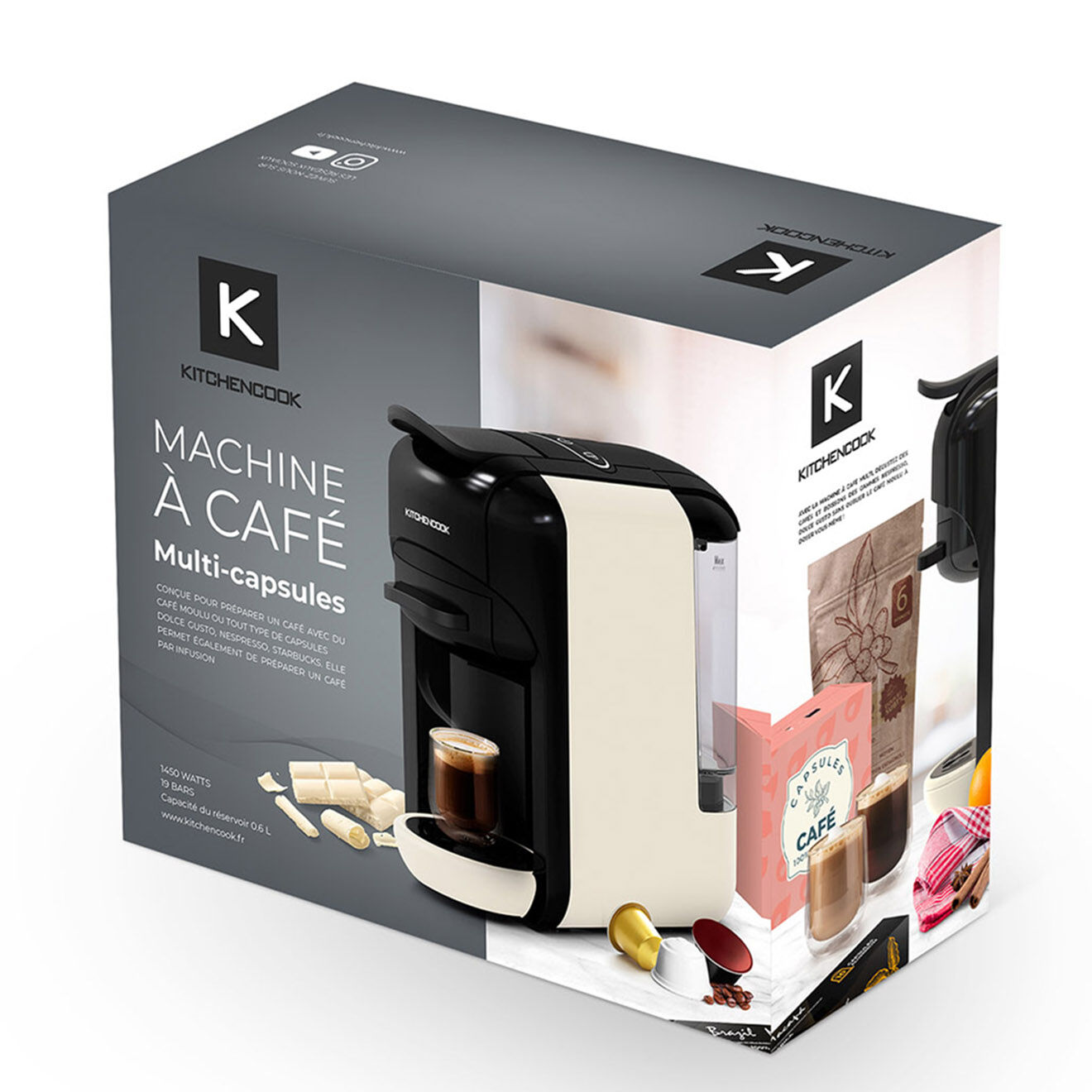 Kitchencook Machine à café multi dosettes et café moulu noir/crème