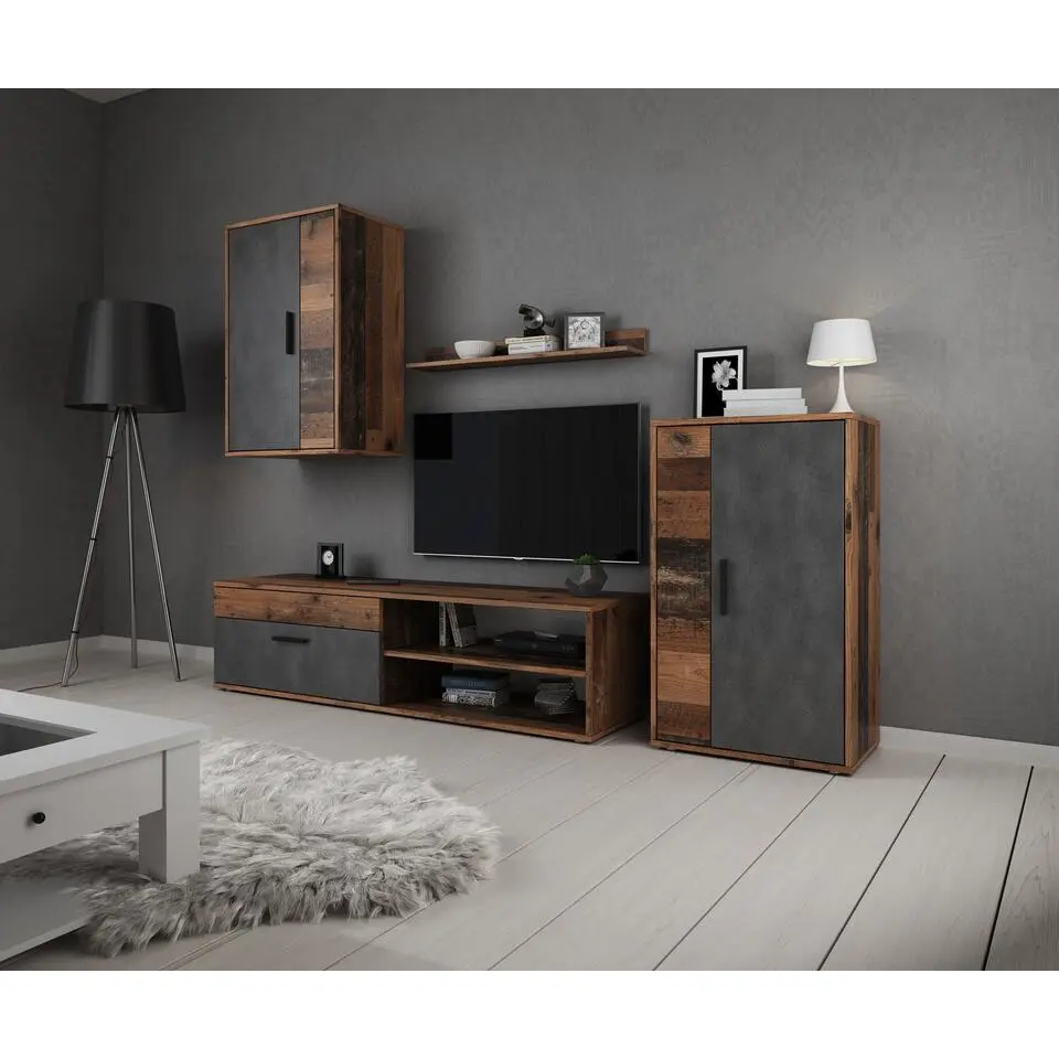 Meubella - Wandmeubel Bellini - Grijs - Donker Old Wood