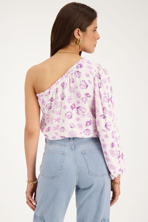 Witte one-shoulder top met paarse zee-print