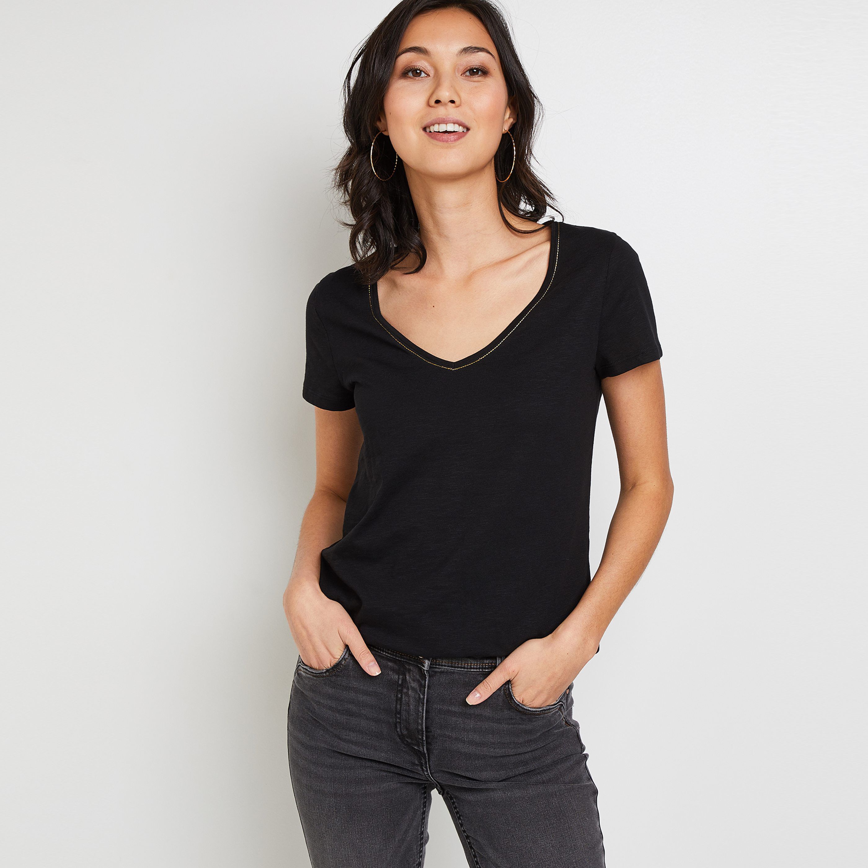 T-shirt manches courtes V femme - NOIR