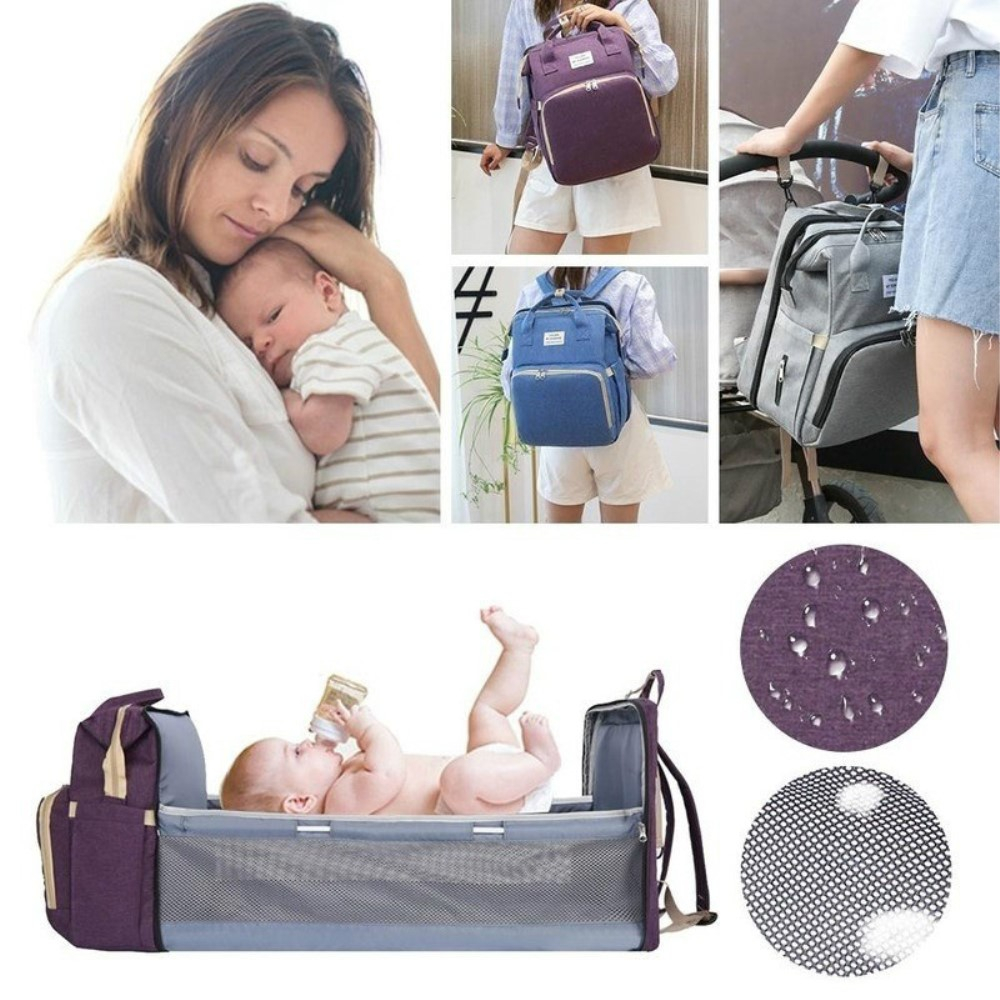 (47x36x12cm) 2in1 Baby Reise Rucksack Wickeltasche   Schlafbett - Grau / Beige