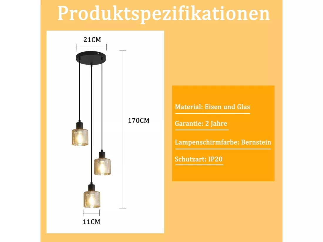 NETTLIFE Suspension Table à Manger Lampe Suspendue Vintage 3 Ampoules Lampe de Table à Manger Suspendue E27 Métal Noir Rétro Industriel