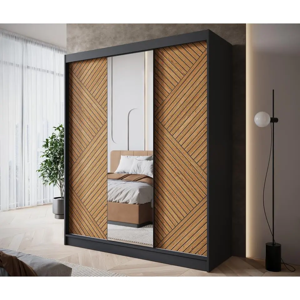 Meubella - Kledingkast Macerata - Zwart - 180 cm - Met spiegel