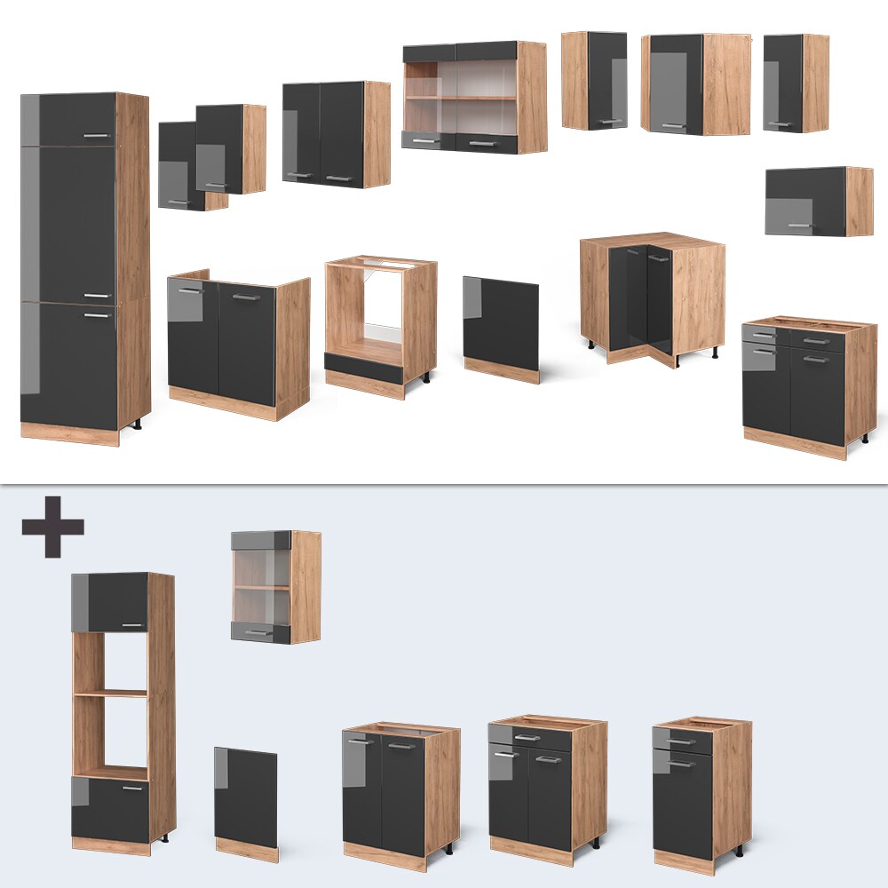 Vicco Küchenzeile Küchenblock Einbauküche R-Line Ecke 287 x 277 Anthrazit HGL