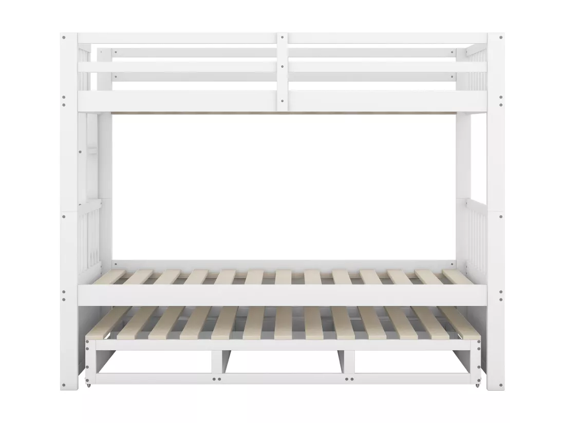 Lit superposé 90x200cm - avec lit gigogne et 3 tiroirs - en bois de pin massif et MDF - Blanc