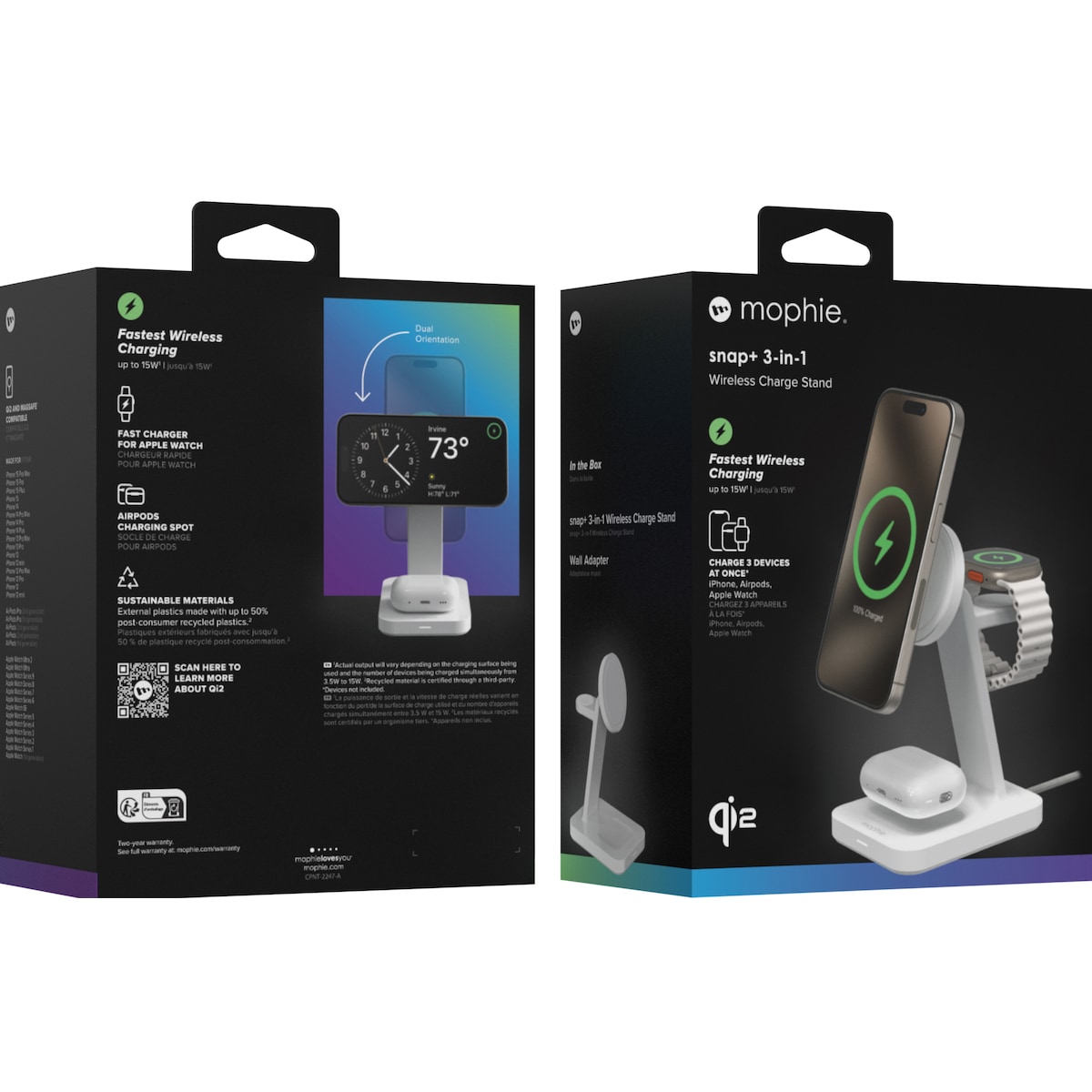 Mophie Snap Plus 3-i-1 Qi2 trådløs lader (hvit)