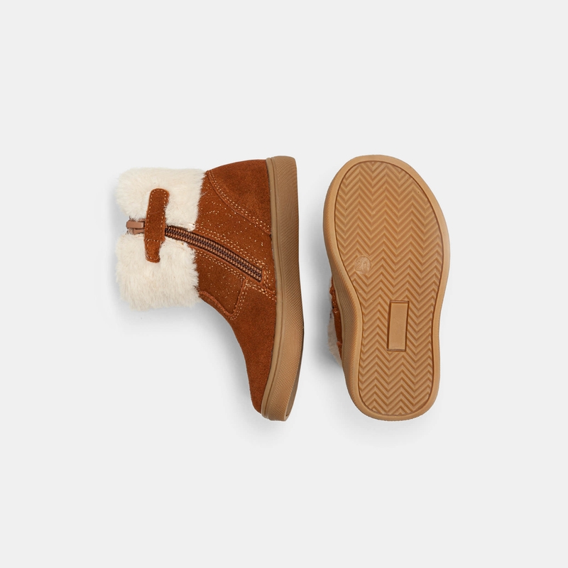 Boots croûte de cuir pailletté à revers fourré beige bébé fille